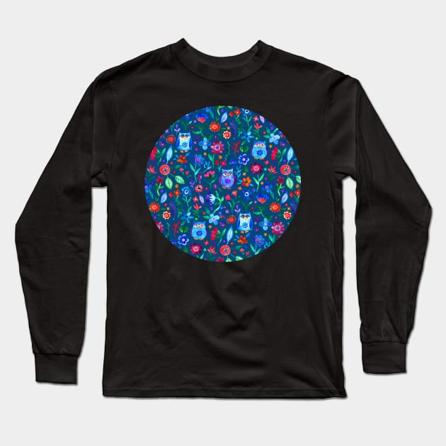 Little Owls and Flowers on deep teal blue Long Sleeve T-Shirt by micklyn